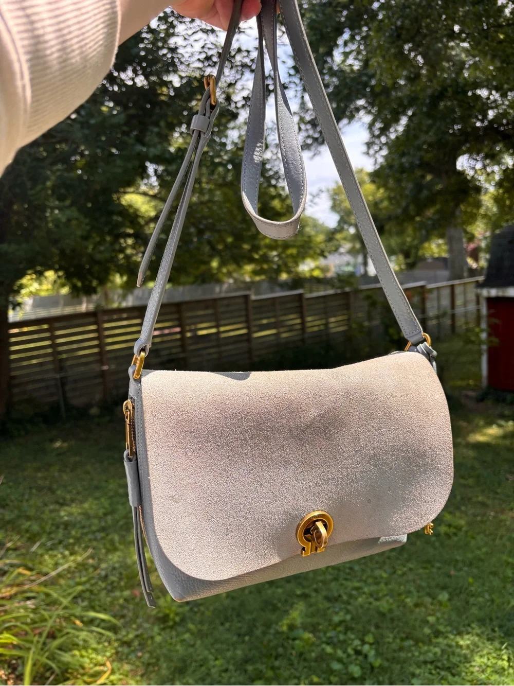 Fossil Light Blue Leather with Suede Flap Crossbody Bag